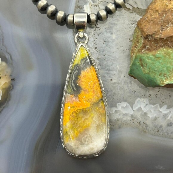 Sterling Silver Southwestern Style Teardrop Bumblebee Jasper Decorated Pendant - Picture 1 of 10